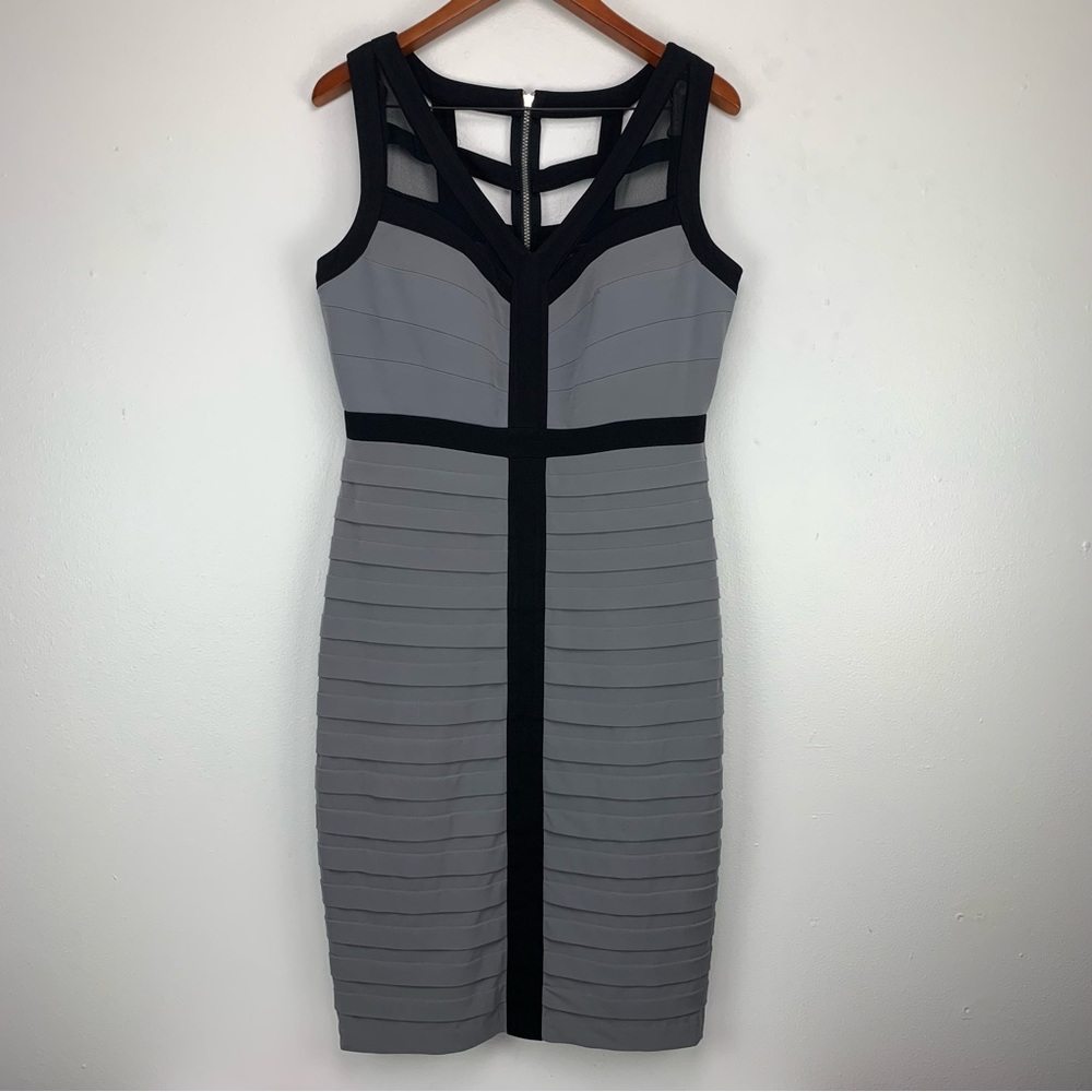 Jax Gray Midi Bandage Dress with Black Trim